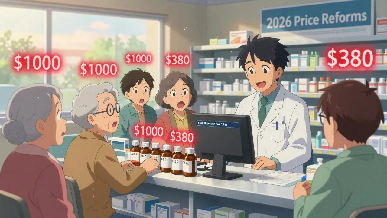 Pharmacie au matin où des patients découvrent une chute soudaine des prix de leurs médicaments.