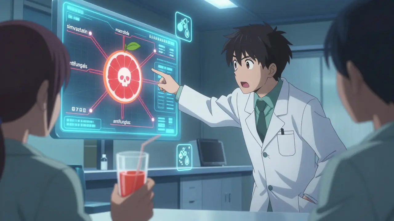 Pharmacien montrant une carte d'interactions médicamenteuses dangereuses avec la simvastatine et un pamplemousse menaçant.