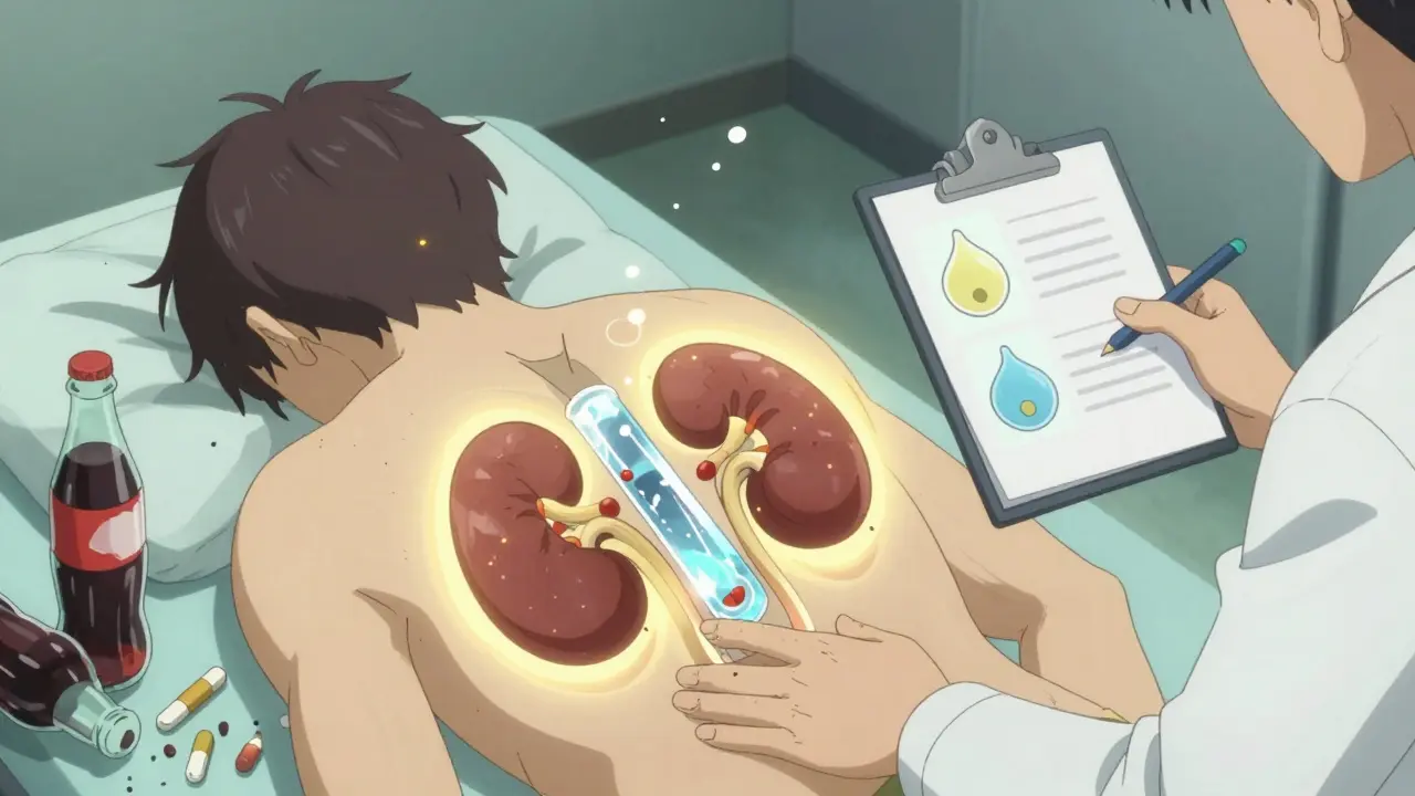 Reins filtrant le sang avec des tests médicaux visibles, médicaments en décomposition.