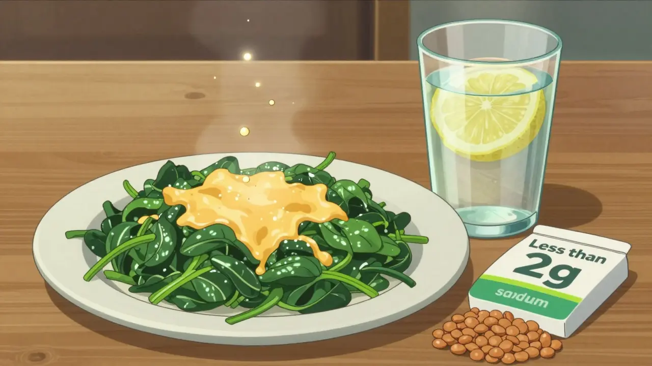 Repas équilibré avec épinards, fromage et citron, illustrant la liaison calcium-oxalate pour prévenir les calculs.