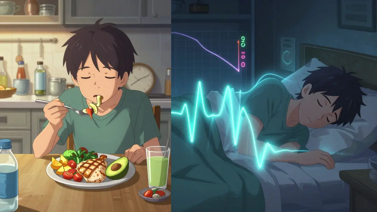 Scène divisée : personne mangeant à midi et dormant la nuit, avec des ondes rythmiques circadiennes brillantes.