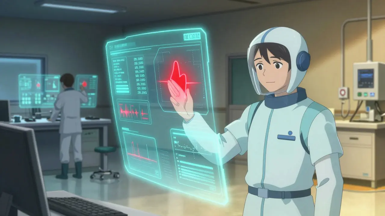 Système d'IA en temps réel surveillant les travailleurs et la contamination, avec des alertes holographiques et des zones sécurisées en arrière-plan.