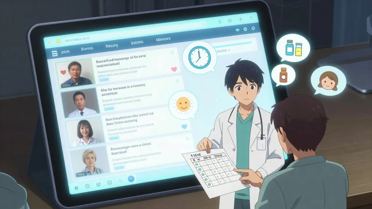Tablette affichant un forum de soutien en ligne, avec un pharmacien aidant un patient à simplifier son traitement.