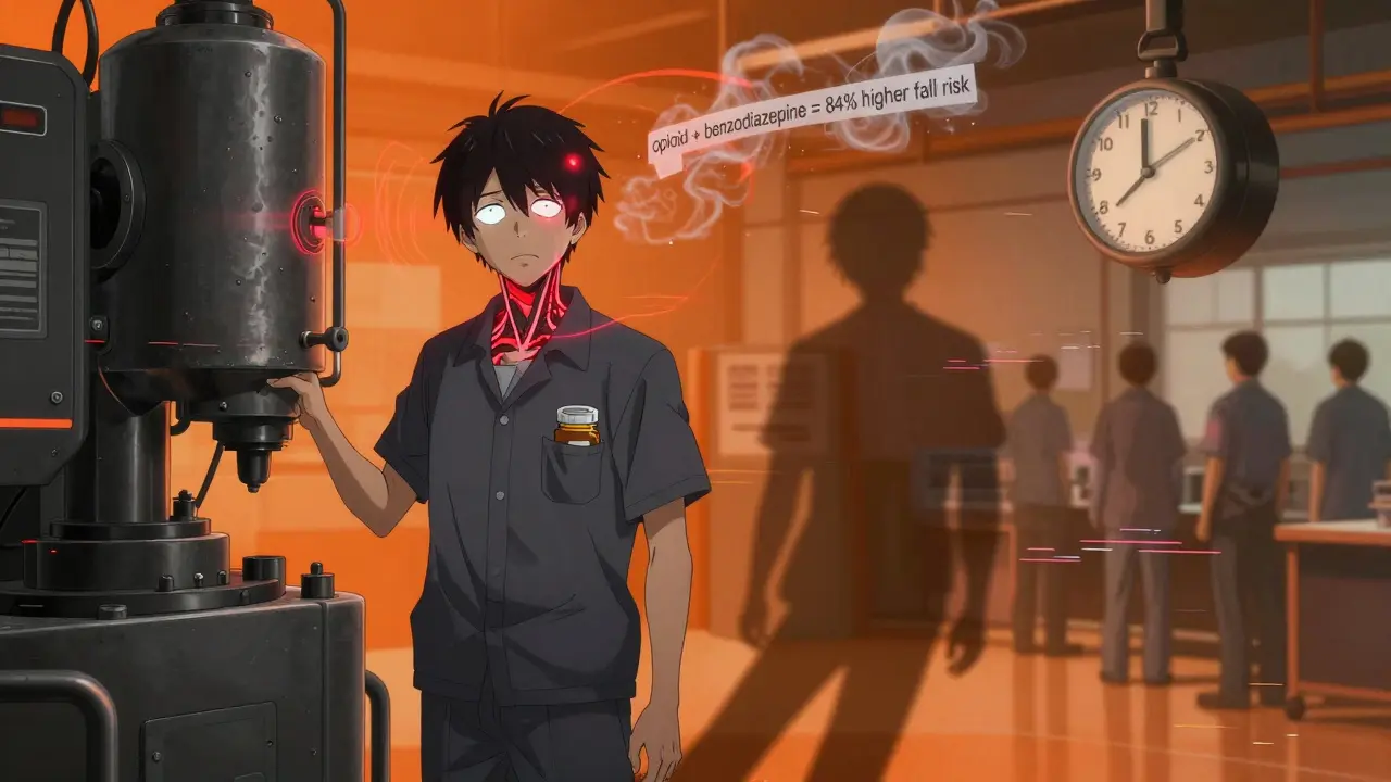 Travailleur sous l'effet de médicaments prescrits, ses mouvements ralentis près d'une machine industrielle, des pulsations rouges soulignent son risque accru.