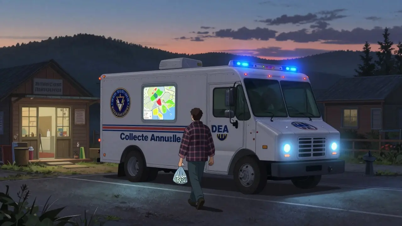 Un camion de collecte mobile se gare près d'un magasin rural au coucher du soleil, tandis qu'un homme s'approche avec un sac de médicaments.