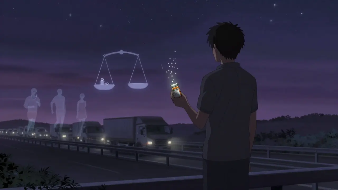 Un chauffeur debout sur un pont, tenant une pilule autorisée et une ordonnance interdite, sous un ciel étoilé.