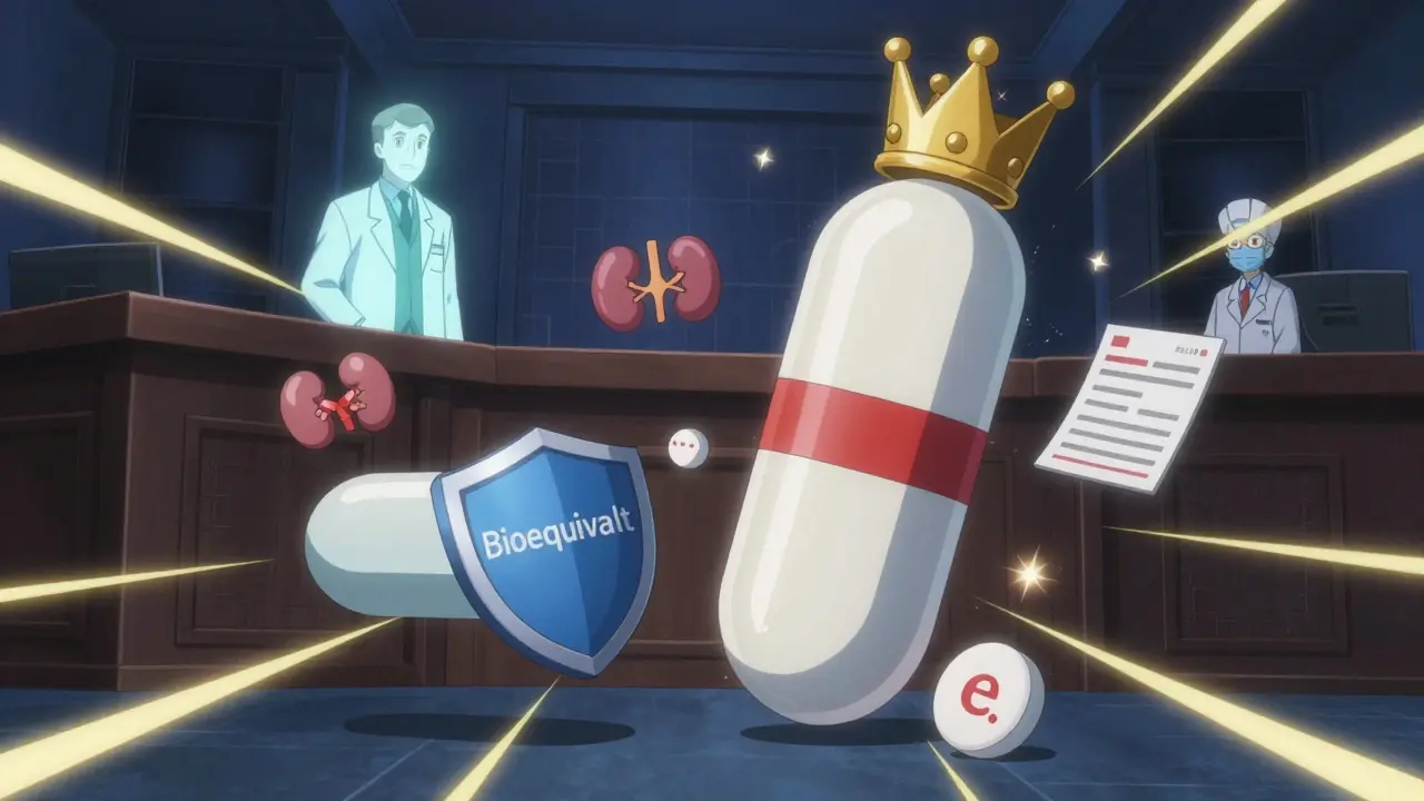 Un combat symbolique entre un comprimé générique et un médicament de marque dans l'esprit d'un patient, entouré de symboles médicaux.