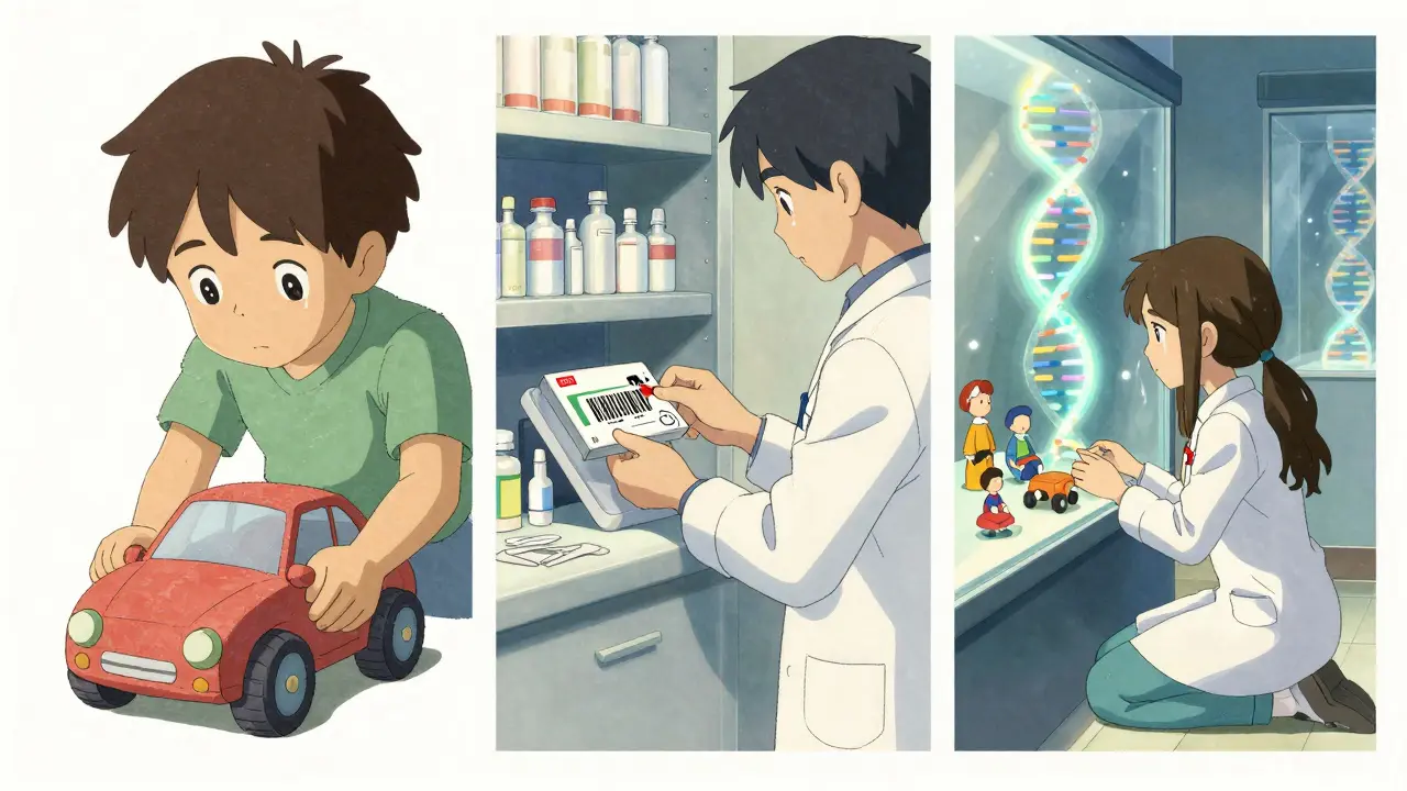 Un enfant joue avec une voiture-jouet à roues, tandis qu'un étudiant en médecine contemple l'objet dans un musée, des brins d'ADN flottent autour.