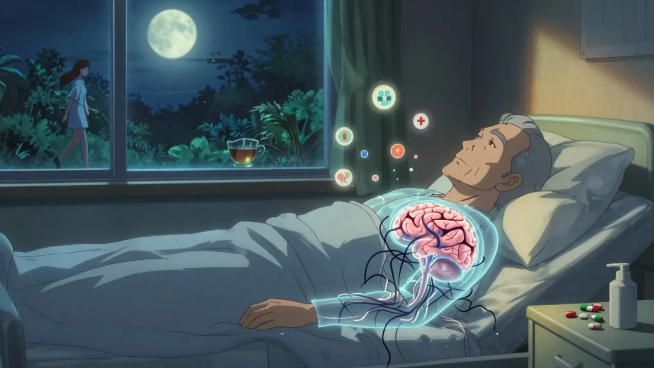 Un homme âgé au lit, son cerveau illuminé par des signaux toxiques, tandis qu'un jardin paisible apparaît à la fenêtre.