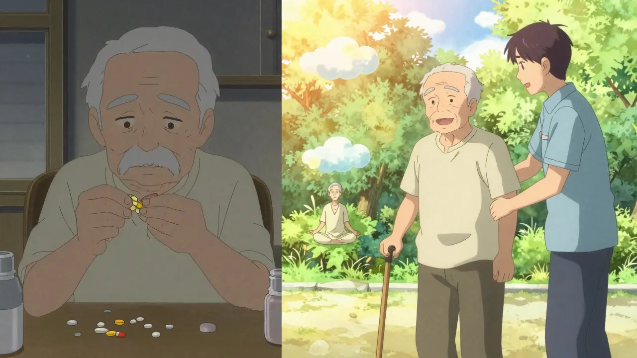 Un homme âgé passant de la prise de médicaments à des activités sûres comme la marche et la méditation.