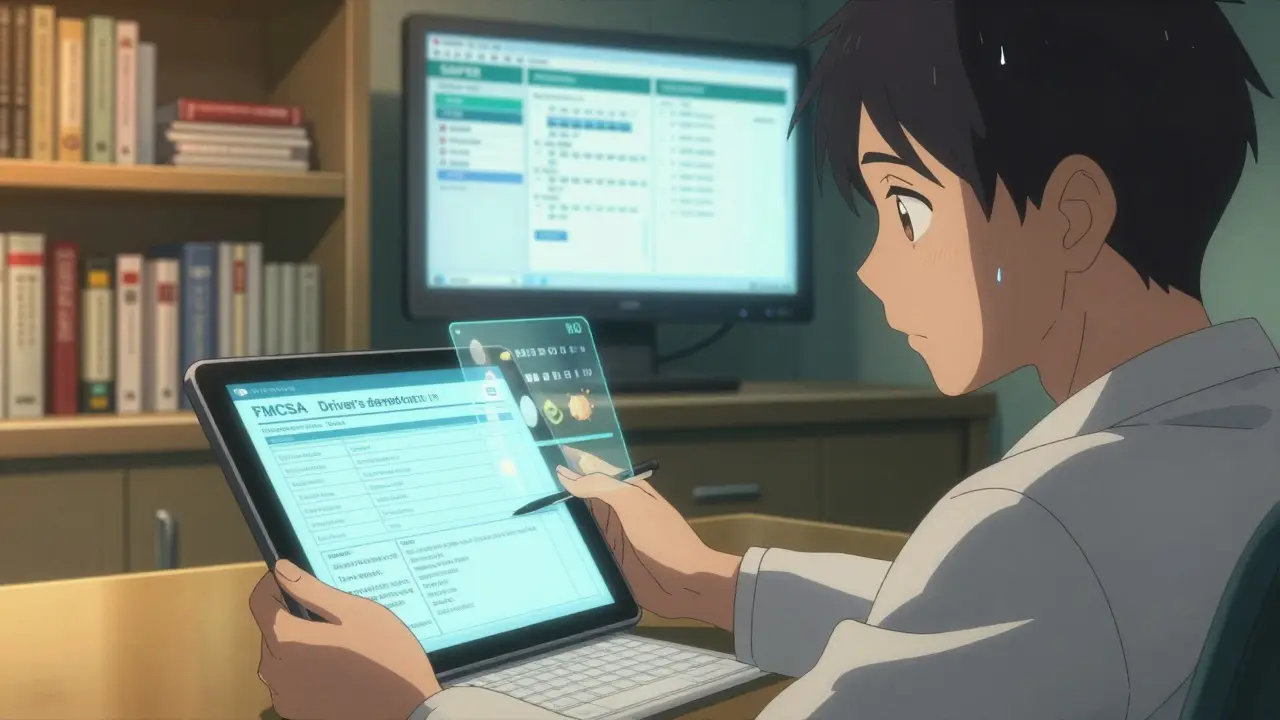 Un médecin examine l'historique médical d'un chauffeur sur un écran numérique dans un cabinet médical.