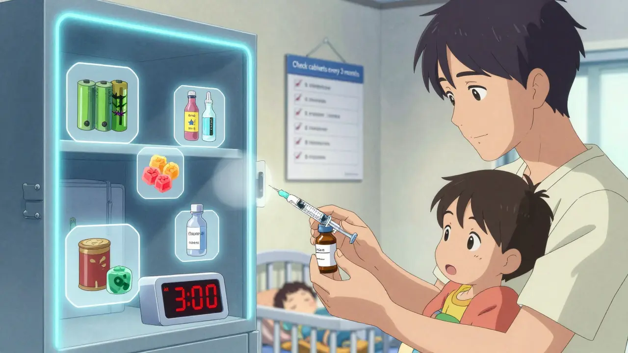 Un parent utilise une seringue pour administrer un médicament avec une checklist de sécurité.