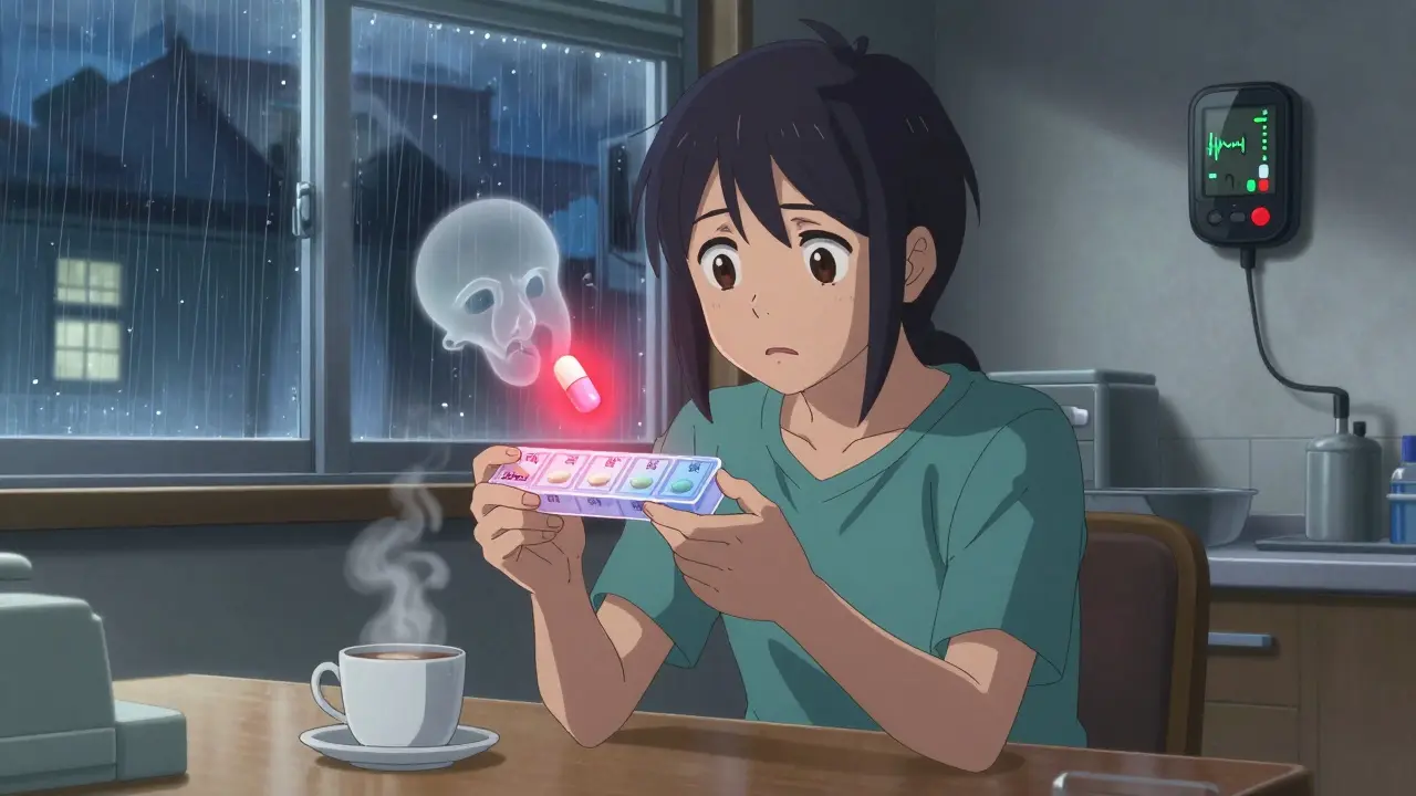 Un patient regarde un comprimé générique avec inquiétude, une alarme rouge flotte au-dessus tandis que son ancien médicament disparaît.