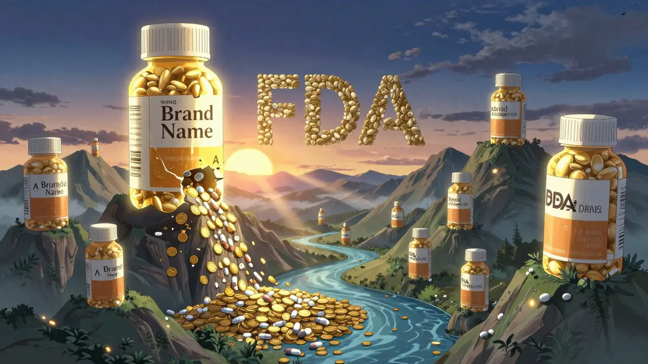 Un paysage de comprimés génériques coule en cascade vers une rivière de pièces, sous le soleil du livre Orange de la FDA.