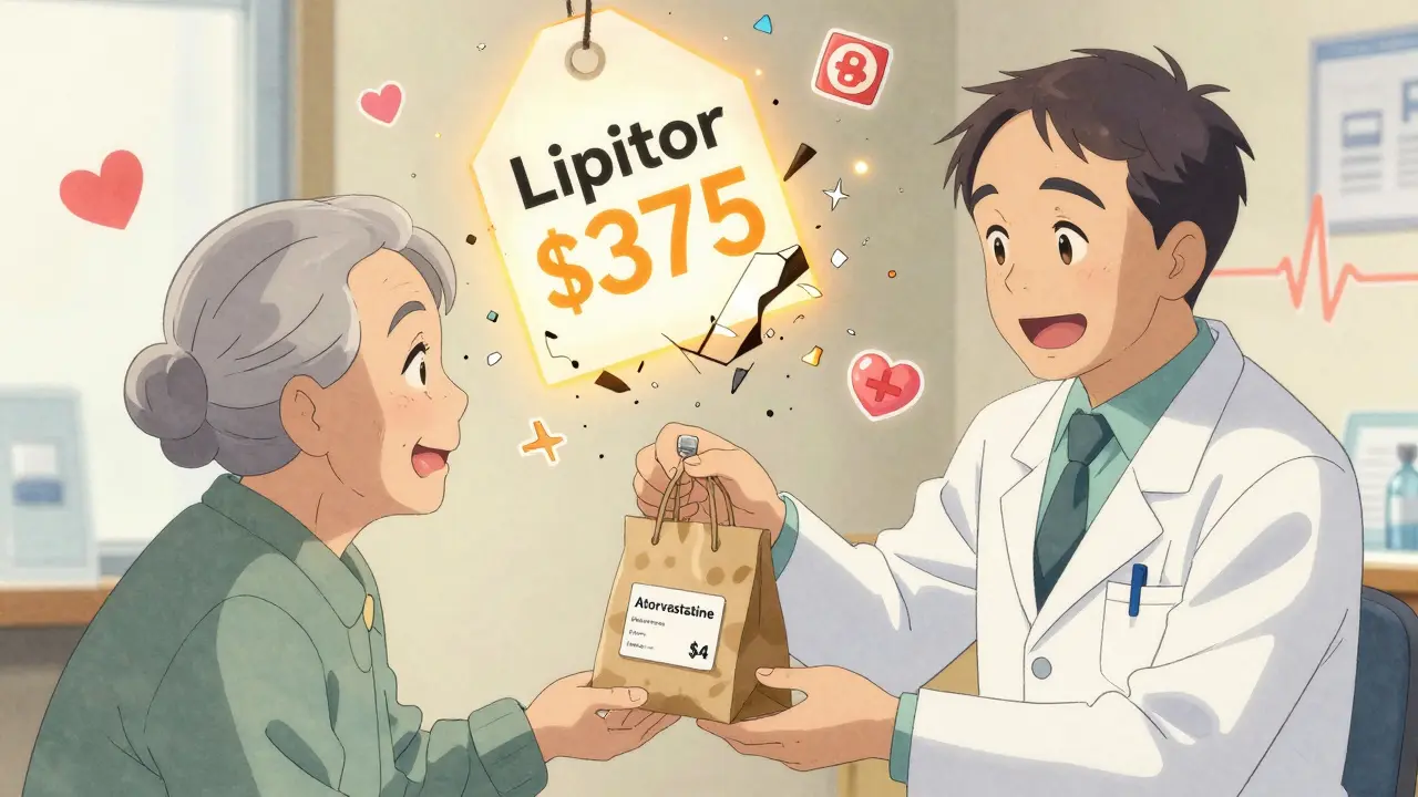 Un pharmacien remet un générique à 4 $ à un patient, tandis qu'un prix de 375 $ explose en confettis.