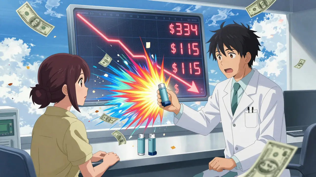 Un pharmacien remplace deux appareils par un seul inhalateur générique, avec des billets qui se transforment en confettis.