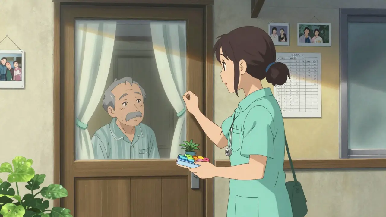 Un travailleur de santé communautaire rend visite à un patient à domicile, apportant un organiseur de pilules et une plante.