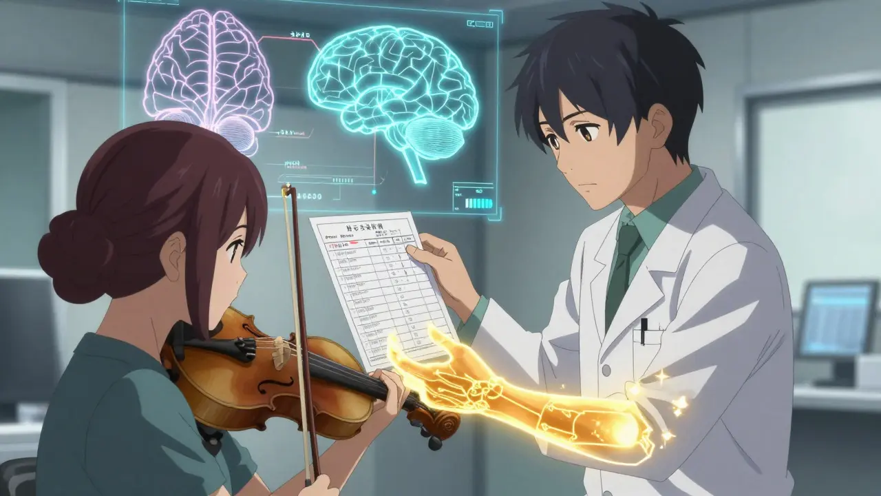 Un violoniste tremblant reçoit une aura thérapeutique autour du poignet, entouré de schémas cérébraux.