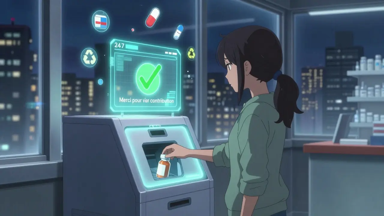 Une borne automatique de collecte dans une pharmacie, avec une femme en train de déposer des médicaments et une interface holographique qui confirme le dépôt.