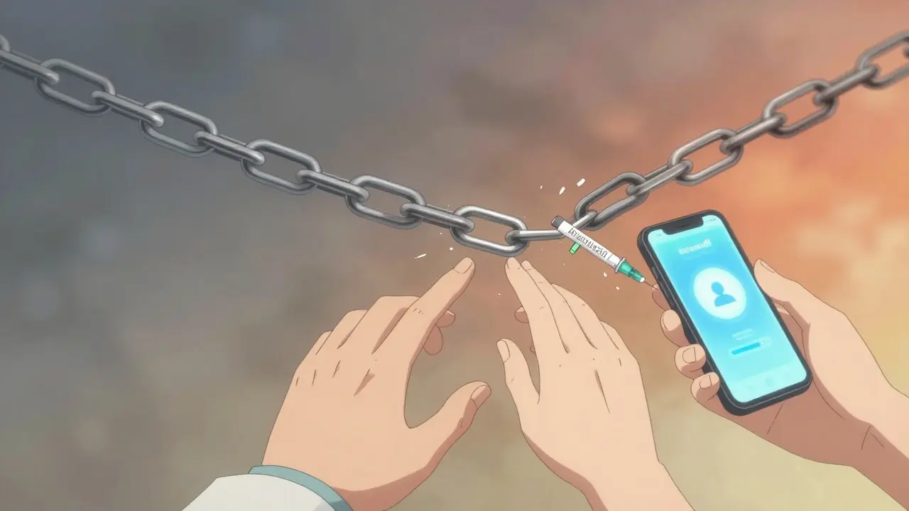 Une chaîne de barrières médicales se transforme en liens de soutien humain et thérapeutique.