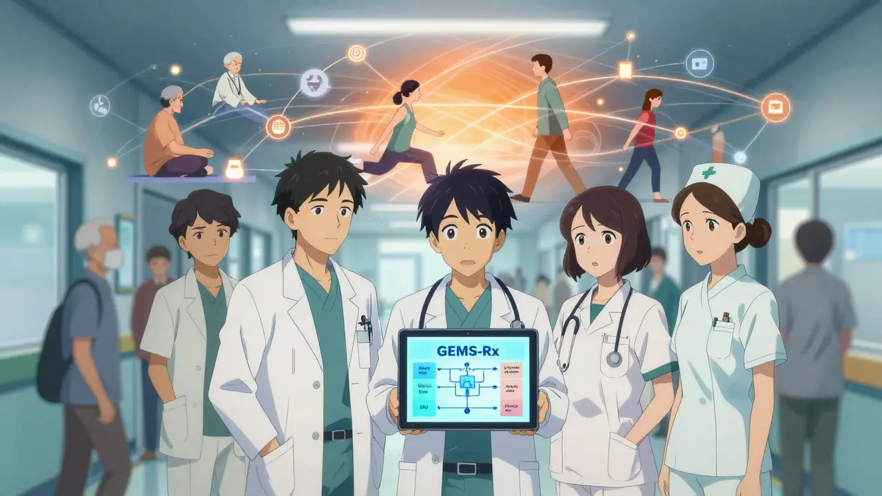 Une équipe médicale consulte un algorithme de sécurité médicamenteuse avec des patients engagés dans des thérapies non pharmacologiques.