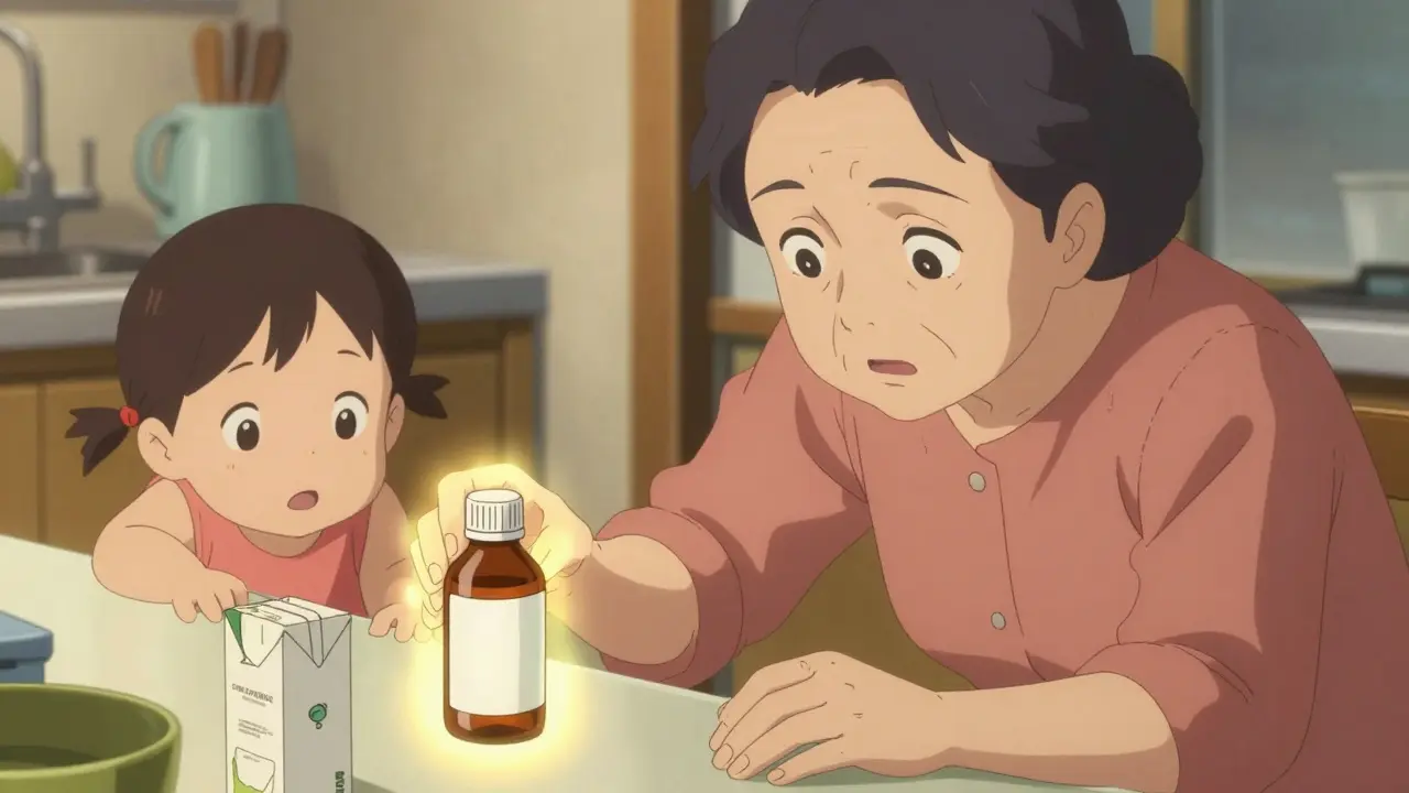 Une grand-mère pose un médicament à côté d’un jus, un bébé rampe derrière elle.