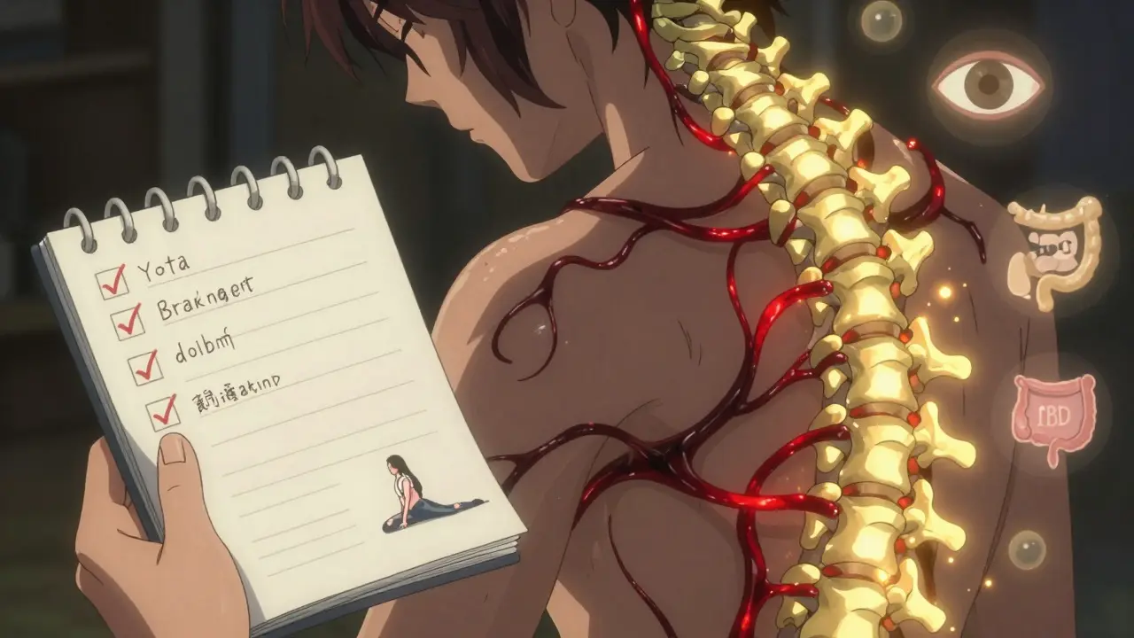 Vue rapprochée d'une colonne vertébrale se transformant en bambou, contrebalancée par des exercices quotidiens lumineux.