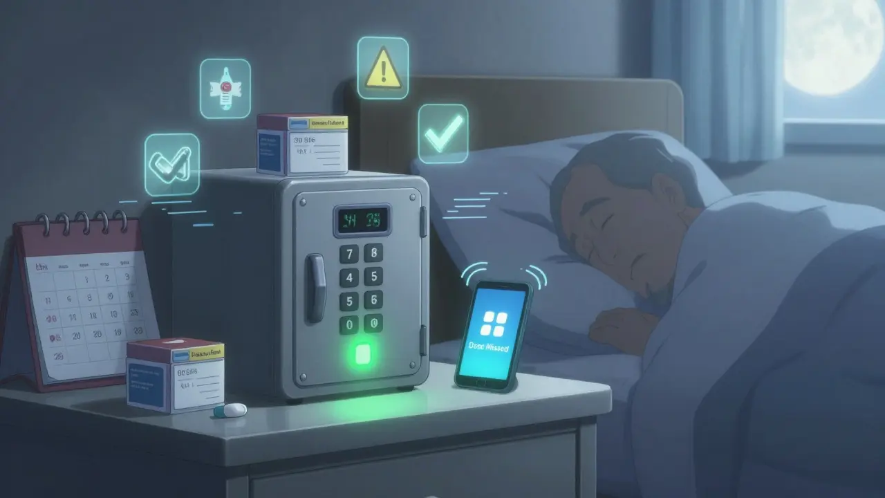 Coffre-fort à code pour médicaments sur une table de nuit, avec des boîtes de comprimés et une alerte sur téléphone.