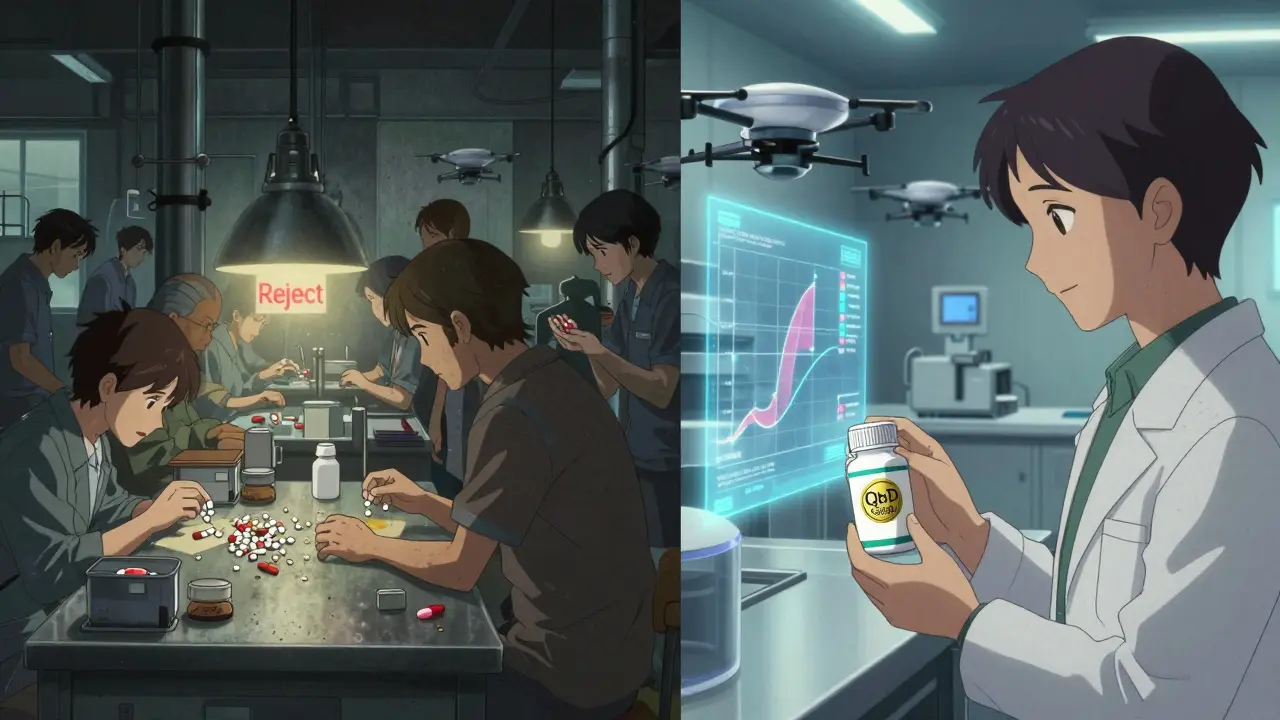 Contraste entre une ancienne usine de génériques chaotique et une installation moderne QbD parfaitement contrôlée.