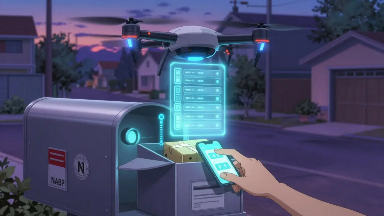 Drone livrant dans une boîte intelligente avec un registre blockchain flottant en hologramme.