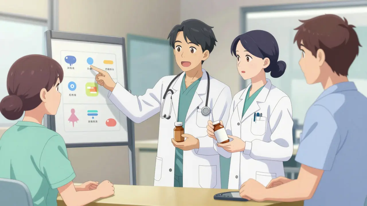 Équipe médicale collaborant autour d'un patient en consultation.