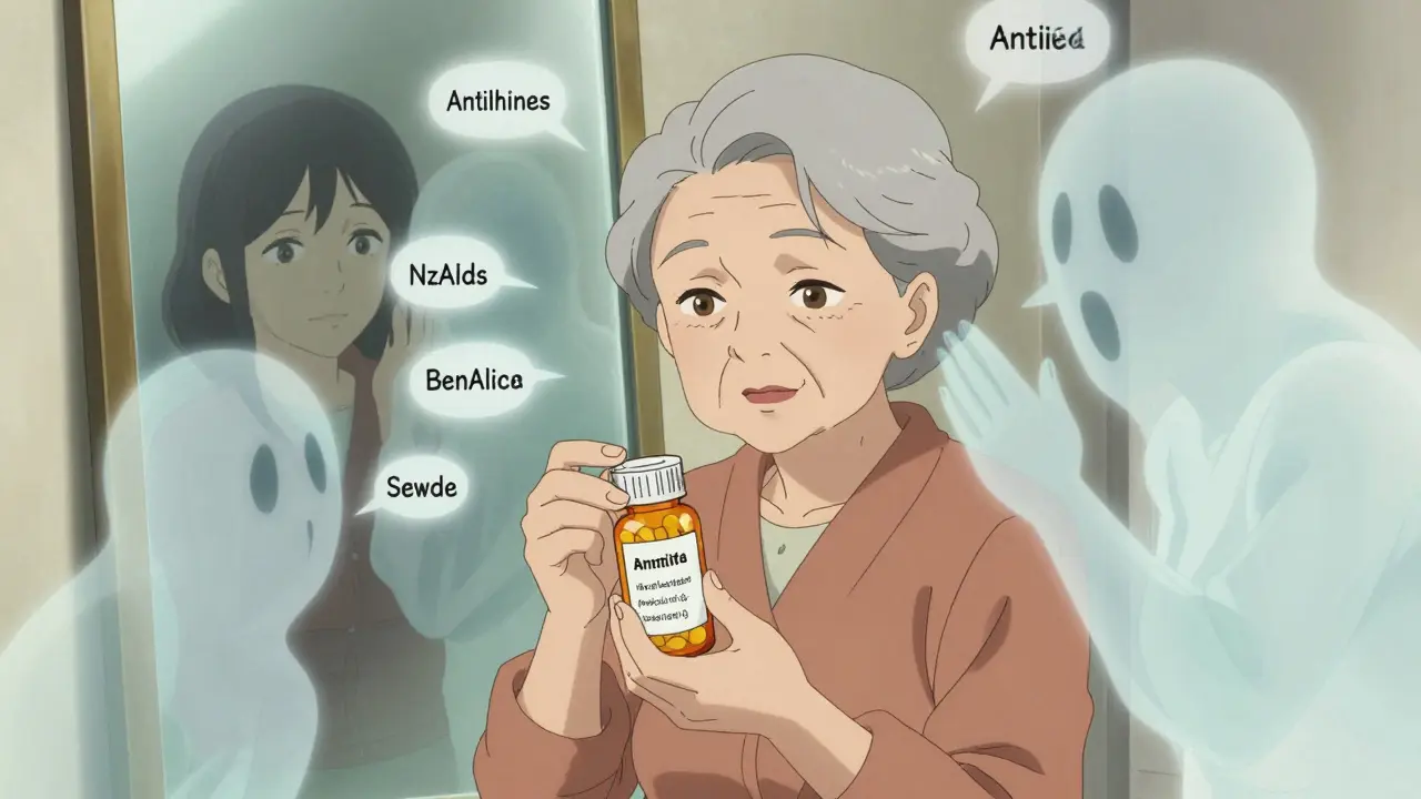 Femme âgée entourée d'icônes de médicaments qui murmurent des avertissements sombres.