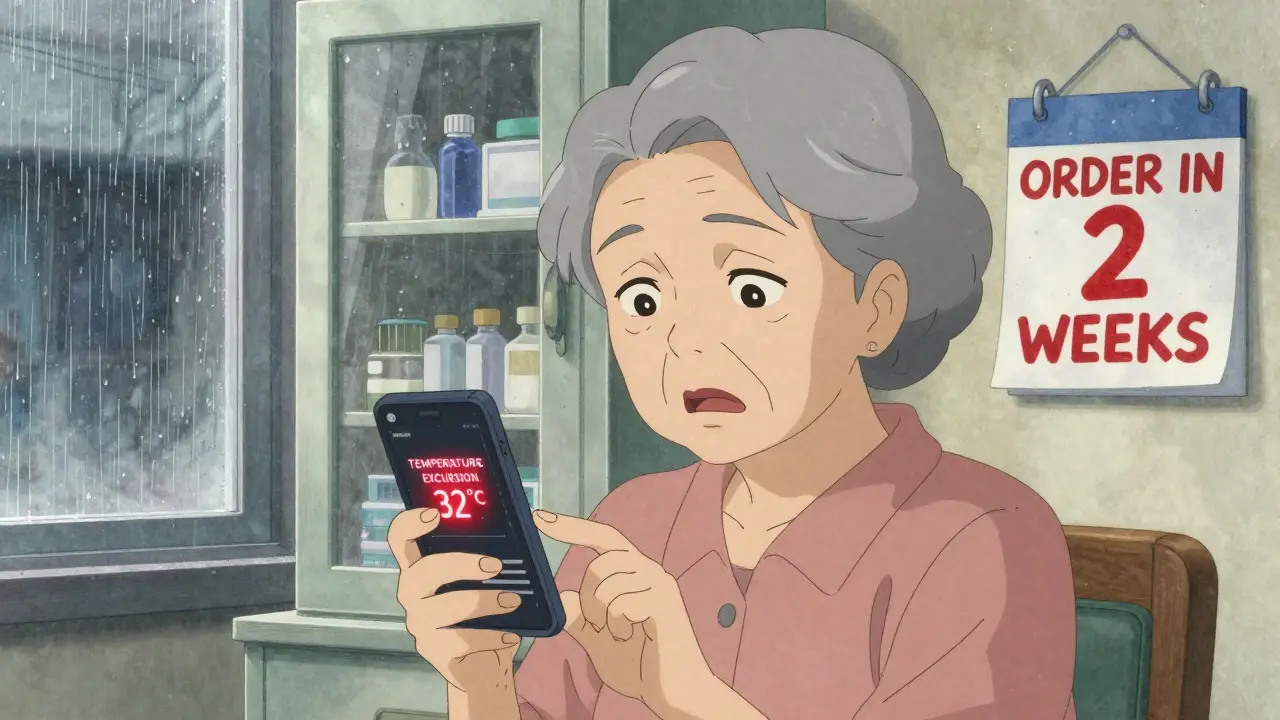 Femme âgée regardant une alerte de température sur son téléphone pendant la pluie.