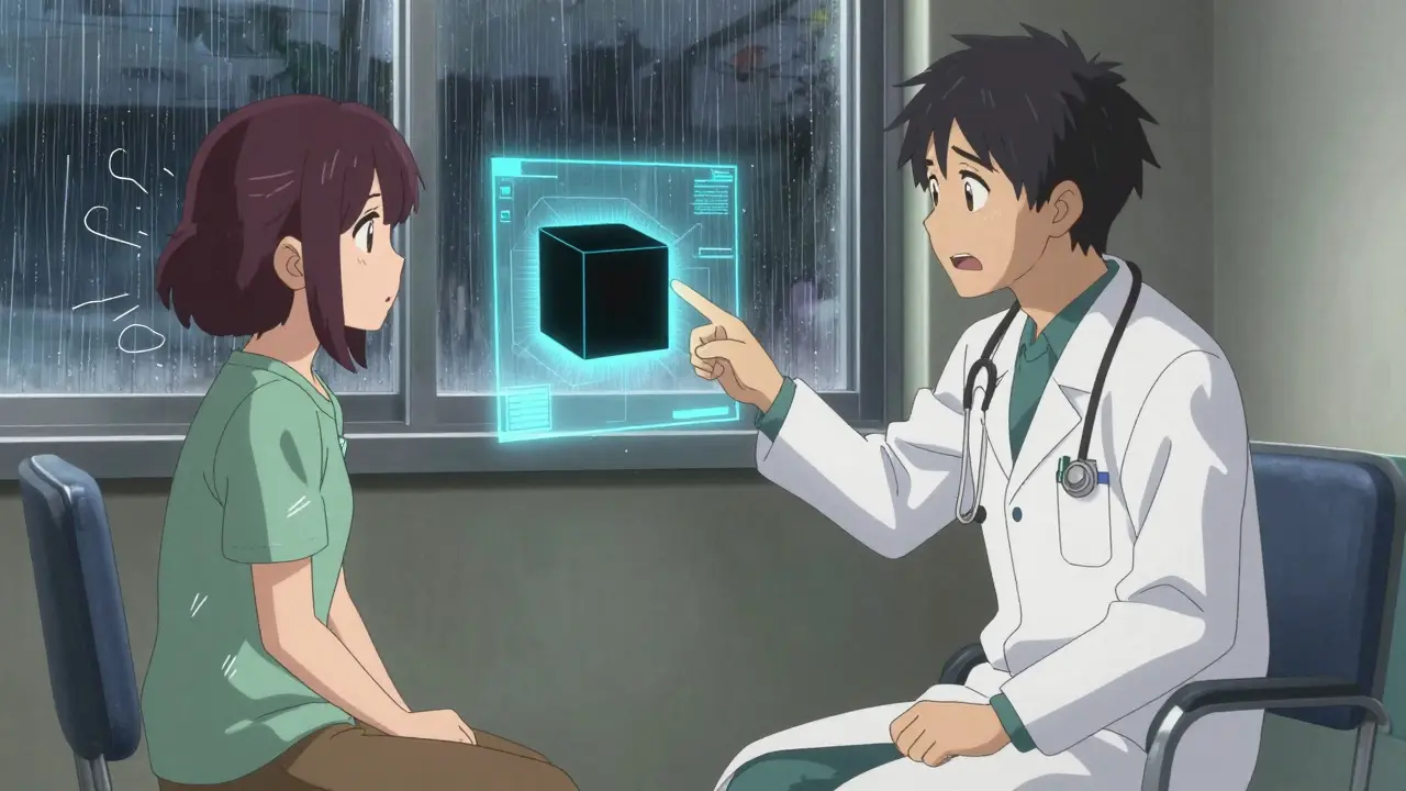 Médecin et patient en consultation, discutant d'un avertissement médical sous une lumière douce.