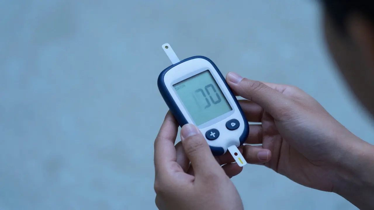 Patient diabétique vérifiant sa glycémie au lever du soleil