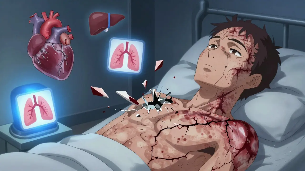 Patient en réaction sévère avec peau qui se fissure, symbole d'une urgence médicale grave.