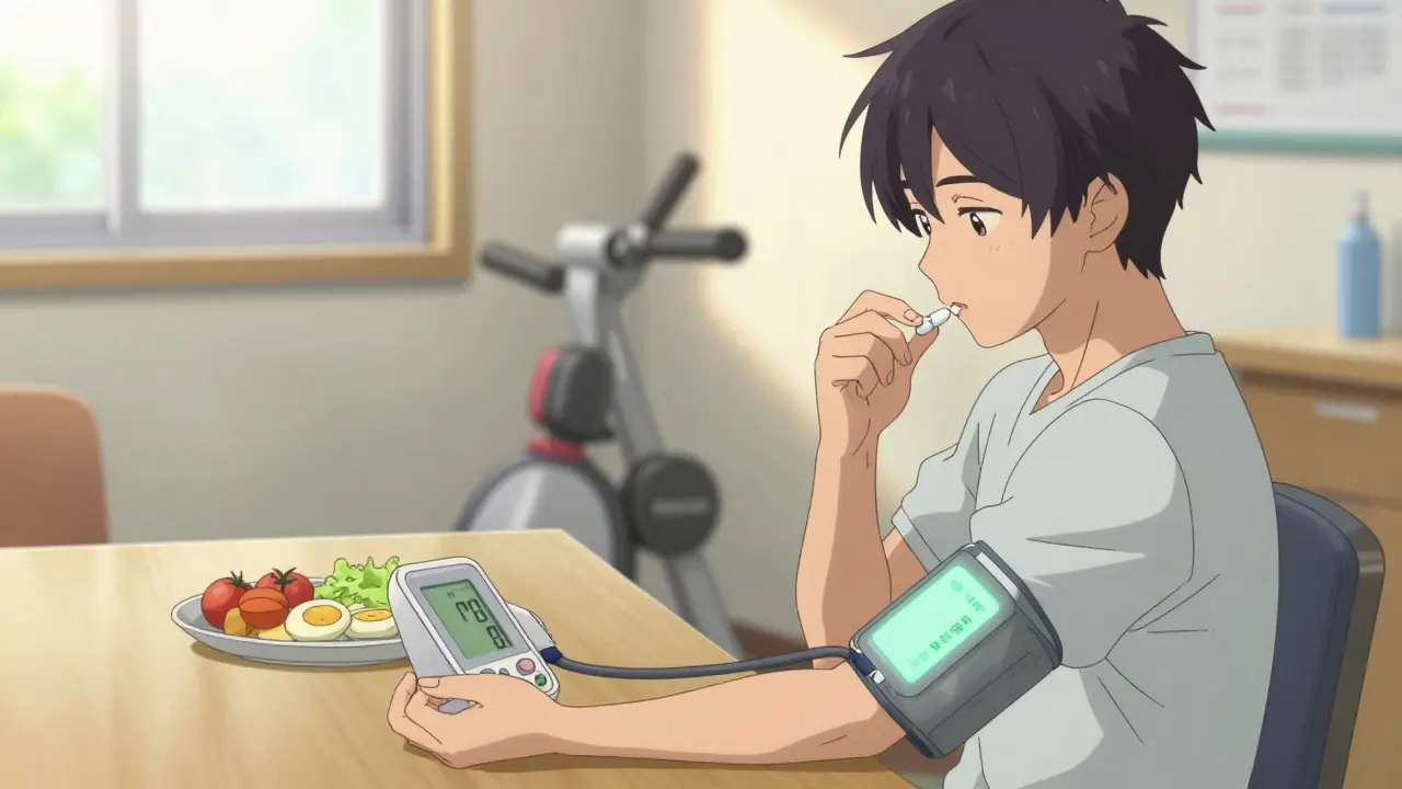 Patient prenant un comprimé avec appareil de pression artérielle sans affichage numérique.