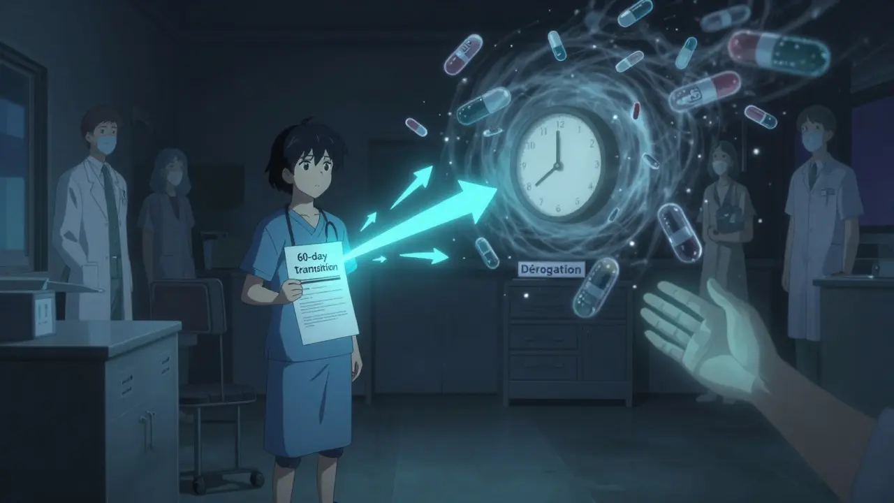 Patient seul face à une échéance de transition médicamenteuse, entouré de symboles de choix médicaux.