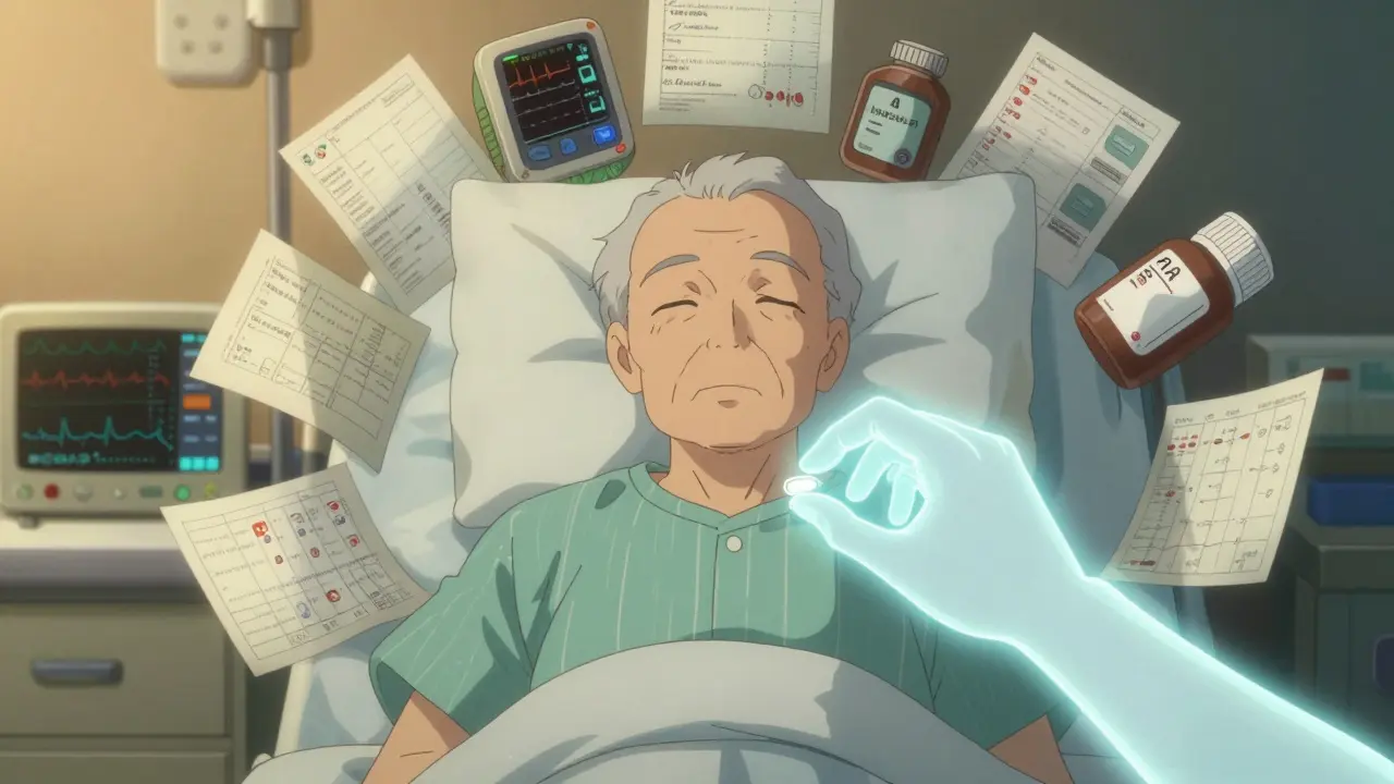 Personne âgée dans un lit d’hôpital avec des médicaments multiples, une main retirant un comprimé.