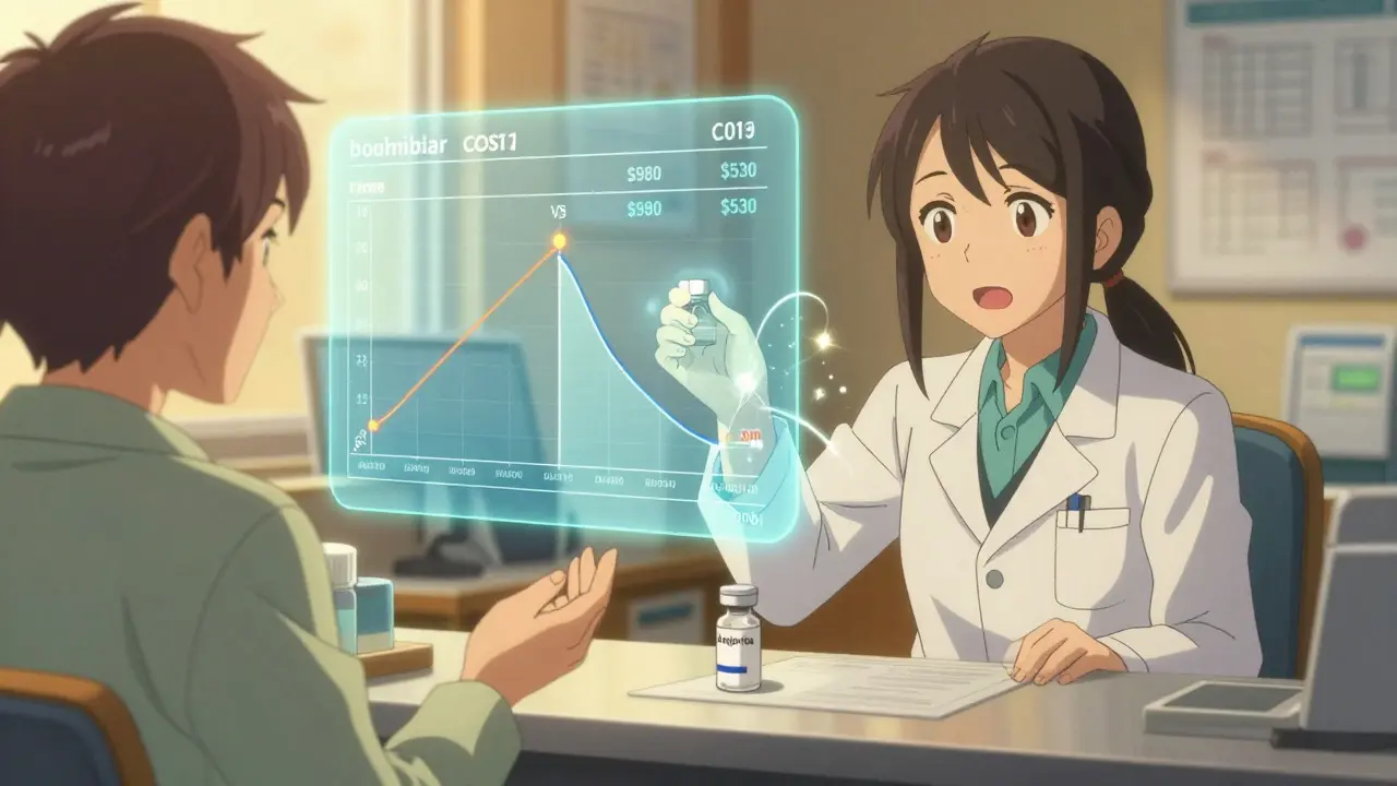 Pharmacien remettant un biosimilaire à un patient, avec un affichage comparatif des coûts.