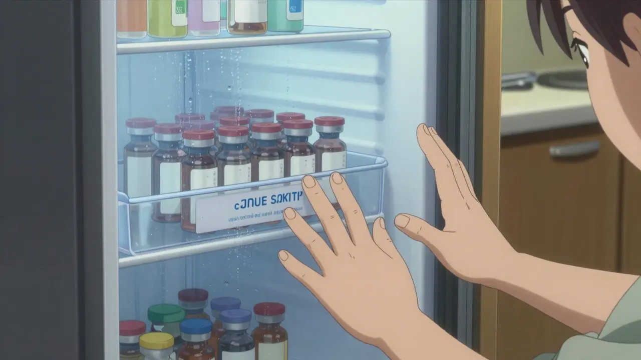 Réfrigérateur avec des flacons d'insuline au centre, une main d'adulte arrête une main d'enfant.