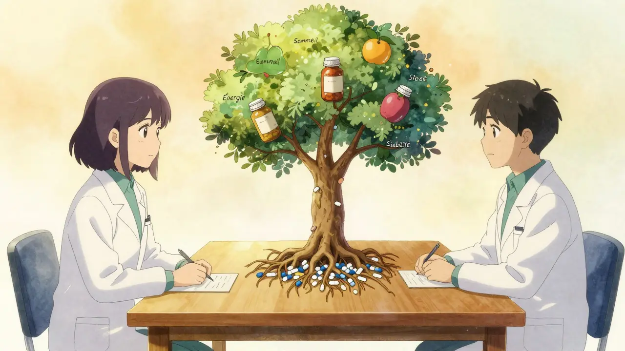 Séance thérapeutique où un arbre remplace les pilules, symbolisant une meilleure santé naturelle.