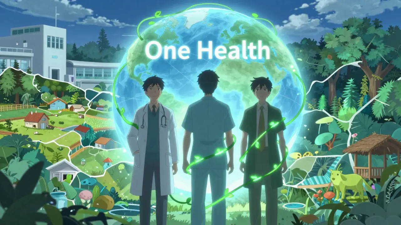 Trois professionnels unis sous un globe symbolisant la santé unique pour humains, animaux et environnement.