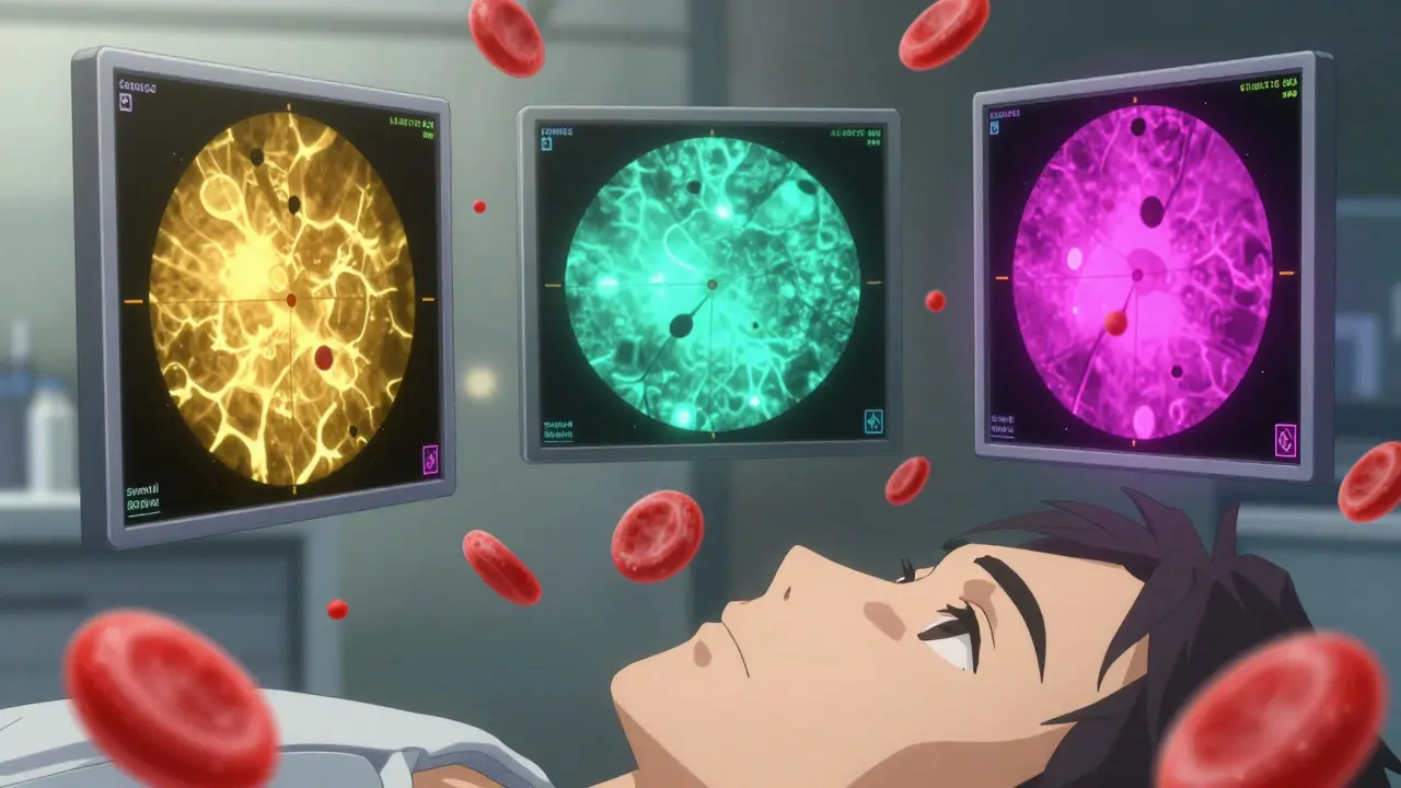 Trois technologies d'imagerie oculaire flottant autour d'un œil, représentées comme des panneaux lumineux stylisés.