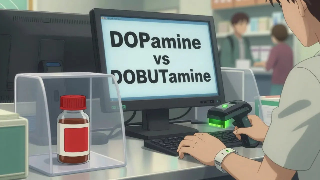 Un comptoir de pharmacie montre trois mesures de sécurité : étiquette rouge, code-barres et lettres en majuscules.