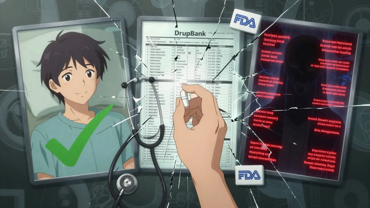 Un miroir brisé montre trois réalités contradictoires sur les interactions médicamenteuses.