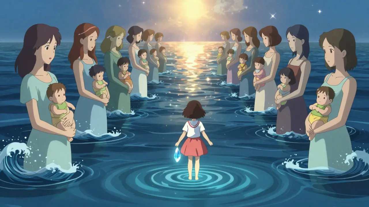 Une femme dépose une capsule de données dans une mer d'ondes représentant des mères futures, avec des visages flottants en arrière-plan.