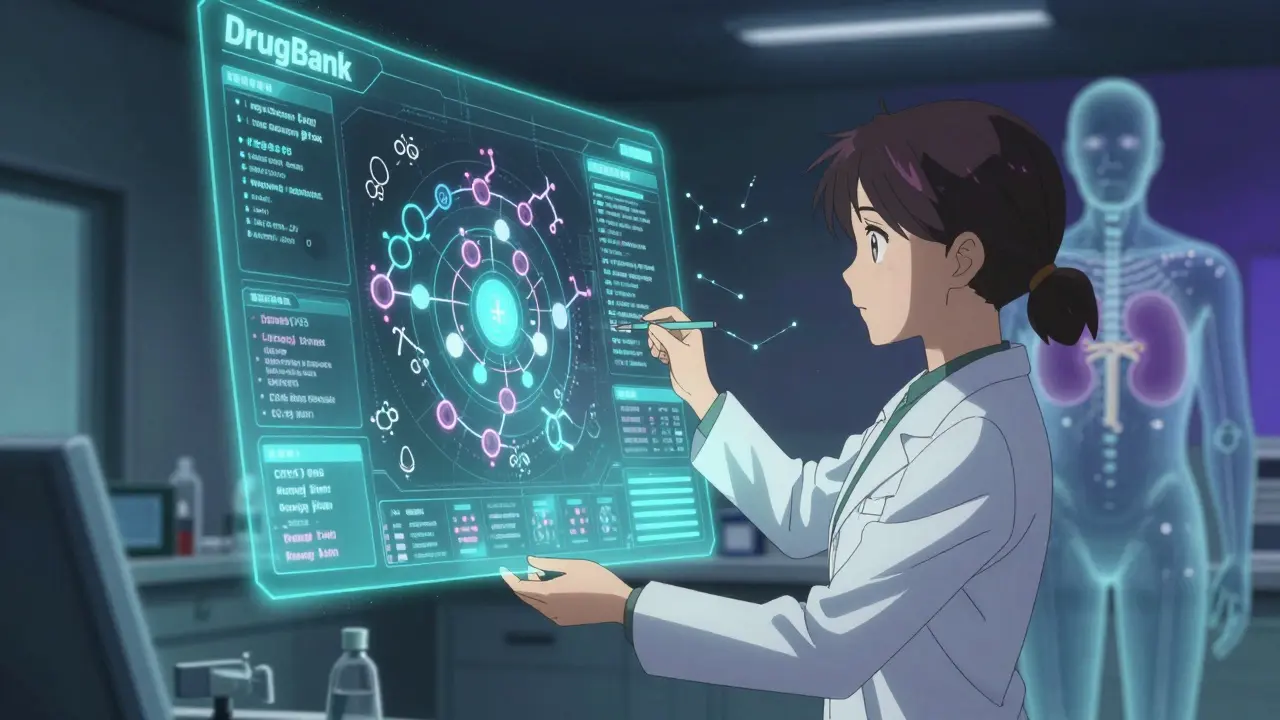 Une pharmacienne analyse des données moléculaires de DrugBank dans un laboratoire.