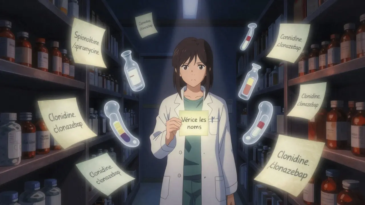 Une pharmacienne regarde des ombres flottantes de médicaments à risque dans une pièce sombre.