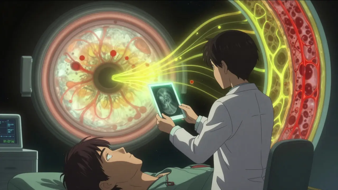 Vaisseaux rétiniens illuminés par un colorant fluorescent, avec cartographie OCTA superposée en couleurs vives.